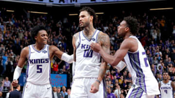 SACRAMENTO, CA - DECEMBER 1: De'Aaron Fox #5, Willie Cauley-Stein #00, and Buddy Hield #24 of the Sacramento Kings react during the game against the Indiana Pacers on December 1, 2018 at Golden 1 Center in Sacramento, California. NOTE TO USER: User expressly acknowledges and agrees that, by downloading and or using this Photograph, user is consenting to the terms and conditions of the Getty Images License Agreement. Mandatory Copyright Notice: Copyright 2018 NBAE (Photo by Rocky Widner/NBAE via Getty Images)