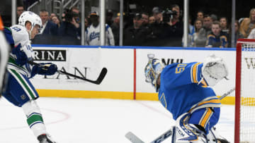 ST. LOUIS, MO - APRIL 06: St. Louis Blues goalie Jordan Binnington (50) blocks a shot on goal by Vancouver Canucks center Elias Pettersson (40) during a shootout during a NHL game between the Vancouver Canucks and the St. Louis Blues on April 06, 2019, at Enterprise Center, St. Louis, Mo. (Photo by Keith Gillett/Icon Sportswire via Getty Images)