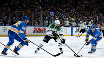 ST. LOUIS, MO - MARCH 2: Colton Parayko #55 of the St. Louis Blues and Jaden Schwartz #17 of the St. Louis Blues defend against Jamie Benn #14 of the Dallas Stars at Enterprise Center on March 2, 2019 in St. Louis, Missouri. (Photo by Scott Rovak/NHLI via Getty Images)