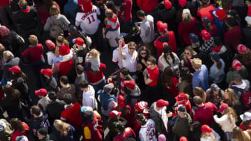 WASHINGTON, DC - NOVEMBER 02: Fans gather as the Washington Nationals hold a parade to celebrate their World Series victory over the Houston Astros on November 2, 2019 in Washington, DC. This is the first World Series win for the Nationals in 95 years. (Photo by Stefani Reynolds/Getty Images)