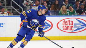 Mar 9, 2023; Buffalo, New York, USA; Buffalo Sabres defenseman Riley Stillman (61) skates with the puck during the third period against the Dallas Stars at KeyBank Center. Mandatory Credit: Timothy T. Ludwig-USA TODAY Sports