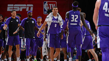 LAS VEGAS, NV - JULY 8: Justin James #0 of the Sacramento Kings high fives his teammates during the game against the Dallas Mavericks on July 8, 2019 at the Thomas & Mack Center in Las Vegas, Nevada. NOTE TO USER: User expressly acknowledges and agrees that, by downloading and/or using this photograph, user is consenting to the terms and conditions of the Getty Images License Agreement. Mandatory Copyright Notice: Copyright 2019 NBAE (Photo by Bart Young/NBAE via Getty Images)