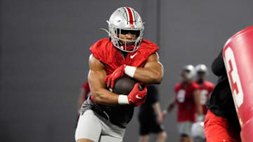 Mar 7, 2023; Columbus, Ohio, USA; Ohio State Buckeyes running back Dallan Hayden (5) runs during spring football drills at the Woody Hayes Athletic Center. Mandatory Credit: Adam Cairns-The Columbus DispatchFootball Ohio State Buckeyes Football