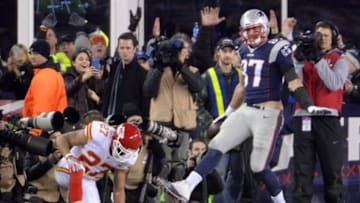 Jan 16, 2016; Foxborough, MA, USA; New England Patriots tight end Rob Gronkowski (87) celebrates after scoring a touchdown during the third quarter against the Kansas City Chiefs in the AFC Divisional round playoff game at Gillette Stadium. Mandatory Credit: Robert Deutsch-USA TODAY Sports
