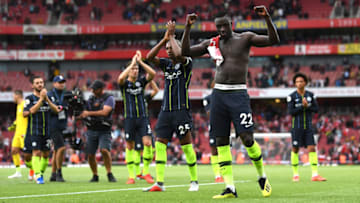 LONDON, ENGLAND - AUGUST 12: Manchester City players celebrate victory following the Premier League match between Arsenal FC and Manchester City at Emirates Stadium on August 12, 2018 in London, United Kingdom. (Photo by Michael Regan/Getty Images)