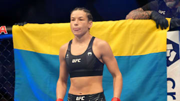Mar 5, 2022; Las Vegas, Nevada, UNITED STATES; Maryna Moroz (red gloves) waits to fight Mariya Agapova (not pictured) during UFC 272 at T-Mobile Arena. Mandatory Credit: Stephen R. Sylvanie-USA TODAY Sports
