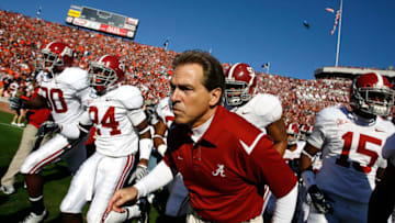 AUBURN, AL - NOVEMBER 27: Head coach Nick Saban of the Alabama Crimson Tide leads his team onto the field to face the Auburn Tigers at Jordan-Hare Stadium on November 27, 2009 in Auburn, Alabama. (Photo by Kevin C. Cox/Getty Images)