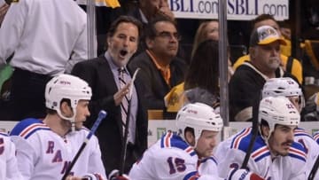 May 19, 2013; Boston, MA, USA; New York Rangers head coach John Tortorella talks to his team during a break in the action against the Boston Bruins in game two of the second round of the 2013 Stanley Cup Playoffs at TD Garden. Mandatory Credit: Michael Ivins-USA TODAY Sports