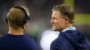HOUSTON, TX - AUGUST 29: Head Coach Sean McVay and GM Les Snead of the Los Angeles Rams talk during a game against the Houston Texans during week four of the preseason at NRG Stadium on August 29, 2019 in Houston, Texas. The Rams defeated the Texans 22-10. (Photo by Wesley Hitt/Getty Images)