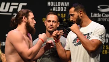 DETROIT, MI - DECEMBER 01: (L-R) Jeremy Kimball and Dominick Reyes face off during the UFC 218 weigh-in inside Little Caesars Arena on December 1, 2017 in Detroit, Michigan. (Photo by Josh Hedges/Zuffa LLC/Zuffa LLC via Getty Images)