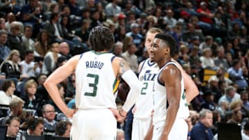 SALT LAKE CITY, UT - DECEMBER 4: Ricky Rubio #3, Joe Ingles #2, and Donovan Mitchell #45 of the Utah Jazz talks during the game against the Washington Wizards on December 4, 2017 at Vivint Smart Home Arena in Salt Lake City, Utah. NOTE TO USER: User expressly acknowledges and agrees that, by downloading and/or using this photograph, user is consenting to the terms and conditions of the Getty Images License Agreement. Mandatory Copyright Notice: Copyright 2017 NBAE (Photo by Melissa Majchrzak/NBAE via Getty Images)
