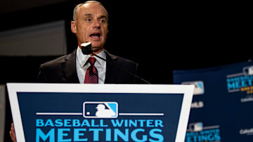 MLB Commissioner addresses team officials and the media at the 2019 Winter Meetings in San Diego.