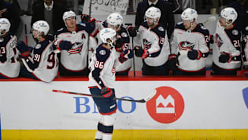 Dec 23, 2022; Chicago, Illinois, USA; Columbus Blue Jackets right wing Kirill Marchenko (86) after scoring against the Chicago Blackhawks during the second period at the United Center. Mandatory Credit: Matt Marton-USA TODAY Sports