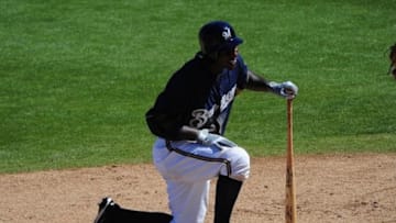 March 23, 2012; Phoenix, AZ, USA; Milwaukee Brewers center fielder Nyjer Morgan (2) smiles after falling at a pitch during the fifth inning against the Los Angeles Angels at Maryvale Baseball Park. Mandatory Credit: Kyle Terada-USA TODAY Sports