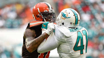 Sep 25, 2016; Miami Gardens, FL, USA; Cleveland Browns wide receiver Terrelle Pryor (11) and Miami Dolphins cornerback Byron Maxwell (41) during the second half at Hard Rock Stadium. Mandatory Credit: Steve Mitchell-USA TODAY Sports