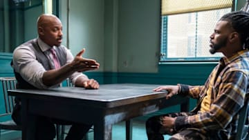 LAW & ORDER -- "Heroes" Episode 22014 -- Pictured: (l-r) Mehcad Brooks as Det. Jalen Shaw, Alphonso Walker Jr. as King Matisse -- (Photo by: Ralph Bavaro/NBC)