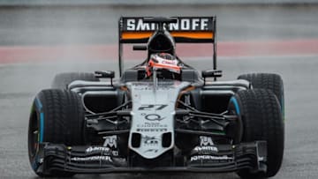 Oct 25, 2015; Austin, TX, USA; Force India driver Nico Hulkenberg (27) of Germany races during qualifying for the United States Grand Prix at the Circuit of the Americas. Mandatory Credit: Jerome Miron-USA TODAY Sports