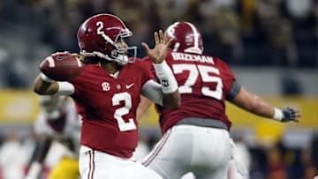 Sep 3, 2016; Arlington, TX, USA; Alabama Crimson Tide quarterback Jalen Hurts (2) throws during the third quarter against the USC Trojans at AT&T Stadium. Mandatory Credit: Tim Heitman-USA TODAY Sports