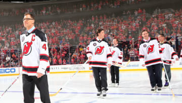1995 Stanley Cup Champion team captain Scott Stevens of the New Jersey Devils skates a lap with the rest of his teammates from that season during a pregame ceremony to celebrate the 20 year anniversary of the win on March 8, 2015 at the Prudential Center in Newark, New Jersey. (Photo by Elsa/Getty Images)