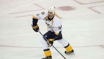 Nov 5, 2015; Saint Paul, MN, USA; Nashville Predators defenseman Barret Jackman (5) against the Minnesota Wild at Xcel Energy Center. The Predators defeated the Predators 3-2. Mandatory Credit: Brace Hemmelgarn-USA TODAY Sports