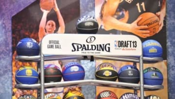 Jun 27, 2013; Brooklyn, NY, USA; A general view of team branded basketballs during the 2013 NBA Draft at the Barclays Center. Mandatory Credit: Joe Camporeale-USA TODAY Sports