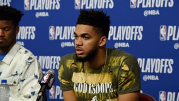 HOUSTON, TX - APRIL 15: Karl-Anthony Towns #32 of the Minnesota Timberwolves. Copyright 2018 NBAE (Photo by Bill Baptist/NBAE via Getty Images)
