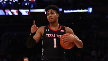 NEW YORK, NEW YORK - DECEMBER 07: Terrence Shannon Jr. #1 of the Texas Tech Red Raiders celebrates after defeating the Tennessee Volunteers 57-52 in OT during the 2021 Jimmy V Classic at Madison Square Garden on December 07, 2021 in New York City. (Photo by Mike Stobe/Getty Images)