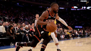 Kemba Walker #8 of the New York Knicks drives passed Russell Westbrook #0 of the Los Angeles Lakers (Photo by Elsa/Getty Images)