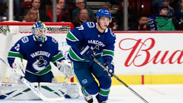 VANCOUVER, BC - FEBRUARY 23: Nikolay Goldobin #77 of the Vancouver Canucks skates up ice during their NHL game against the New York Islanders at Rogers Arena February 23, 2019 in Vancouver, British Columbia, Canada. (Photo by Jeff Vinnick/NHLI via Getty Images)"n