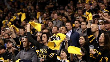 BOSTON, MA - APRIL 19: Bruins fans cheer on their team during the third period of Game Four of the Eastern Conference First Round during the 2017 NHL Stanley Cup Playoffs against the Ottawa Senators at TD Garden on April 19, 2017 in Boston, Massachusetts. The Senators defeat the Bruins 1-0. (Photo by Maddie Meyer/Getty Images)