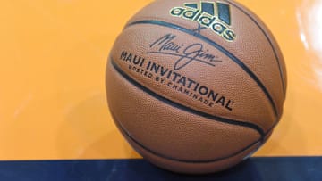 LAHAINA, HI - NOVEMBER 22: A basketball on the floor during a the championship of the Maui Invitational college basketball game between the Notre Dame Fighting Irish and the Wichita State Shockers at the Lahaina Civic Center on November 22, 2017 in Lahaina, Hawaii. The Fighting Irish won 67-66. (Photo by Mitchell Layton/Getty Images) *** Local Caption ***