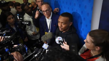 CHICAGO, IL - MAY 18: Wendell Carter Jr. speaks with reporters during Day Two of the NBA Draft Combine at Quest MultiSport Complex on May 18, 2018 in Chicago, Illinois. NOTE TO USER: User expressly acknowledges and agrees that, by downloading and or using this photograph, User is consenting to the terms and conditions of the Getty Images License Agreement. (Photo by Stacy Revere/Getty Images)