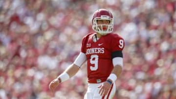 Oct 18, 2014; Norman, OK, USA; Oklahoma Sooners quarterback Trevor Knight (9) during the game against the Kansas State Wildcats at Gaylord Family - Oklahoma Memorial Stadium. Mandatory Credit: Kevin Jairaj-USA TODAY Sports