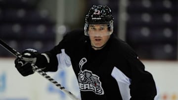 BRAMPTON, ON - MARCH 21:Tyler Butler started out the season with the Beast, but decided to retire and spend more time with his wife and children. The Brampton Beast hockey club, playing out of the Powerade Centre, is in its first year in the Central Hockey League. (Jim Rankin/Toronto Star via Getty Images)