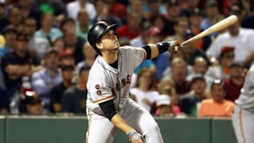 Jul 19, 2016; Boston, MA, USA; San Francisco Giants catcher Buster Posey (28) looks up after poping up for an out during the ninth inning of the Boston Red Sox 4-0 win over the San Francisco Giants at Fenway Park. Mandatory Credit: Winslow Townson-USA TODAY Sports