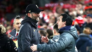 LIVERPOOL, ENGLAND - DECEMBER 29: Jurgen Klopp, Manager of Liverpool and Unai Emery, Manager of Arsenal shake hands during the Premier League match between Liverpool FC and Arsenal FC at Anfield on December 29, 2018 in Liverpool, United Kingdom. (Photo by Clive Brunskill/Getty Images)