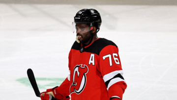 NEWARK, NEW JERSEY - APRIL 11: P.K. Subban #76 of the New Jersey Devils waits for the review of his goal in the third period against the Pittsburgh Penguins at Prudential Center on April 11, 2021 in Newark, New Jersey.The Pittsburgh Penguins defeated the New Jersey Devils 5-2. (Photo by Elsa/Getty Images)