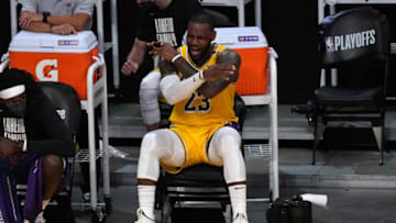 Jun 3, 2021; Los Angeles, California, USA; Los Angeles Lakers forward LeBron James (23) reacts in the second half against the Phoenix Suns during game six in the first round of the 2021 NBA Playoffs at Staples Center. Mandatory Credit: Kirby Lee-USA TODAY Sports