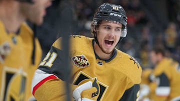 Nov 16, 2021; Las Vegas, Nevada, USA; Vegas Golden Knights center Brett Howden (21) warms up before a game against the Carolina Hurricanes at T-Mobile Arena. Mandatory Credit: Stephen R. Sylvanie-USA TODAY Sports