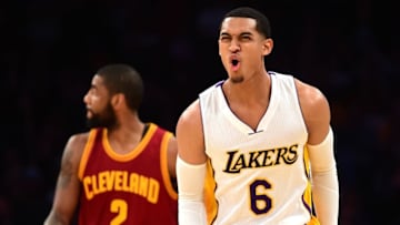 LOS ANGELES, CA - MARCH 19: Jordan Clarkson #6 of the Los Angeles Lakers reacts to his three pointer in front of Kyrie Irving #2 of the Cleveland Cavaliers during the first half at Staples Center on March 19, 2017 in Los Angeles, California. NOTE TO USER: User expressly acknowledges and agrees that, by downloading and or using this photograph, User is consenting to the terms and conditions of the Getty Images License Agreement. (Photo by Harry How/Getty Images)