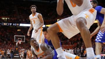 Feb 2, 2016; Knoxville, TN, USA; Tennessee Volunteers forward Armani Moore (4) calls a timeout during the second half against the Kentucky Wildcats at Thompson-Boling Arena. Tennessee won 84 to 77. Mandatory Credit: Randy Sartin-USA TODAY Sports