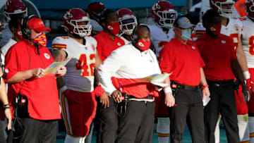 MIAMI GARDENS, FLORIDA - DECEMBER 13: Offensive coordinator Eric Bieniemy of the Kansas City Chiefs looks on against the Miami Dolphins during the second half in the game at Hard Rock Stadium on December 13, 2020 in Miami Gardens, Florida. (Photo by Mark Brown/Getty Images)