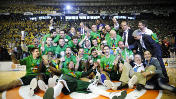 BARCELONA, SPAIN - MAY 08: Players of Panathinaikos pose for the photographers with the trophy after winning the Turkish Airlines EuroLeague Final Four final match between Panathinaikos and Maccabi Tel Aviv at the Palau Sant Jordi on May 8, 2011 in Barcelona, Spain. (Photo by David Ramos/Getty Images)