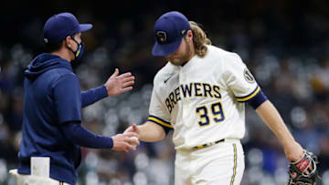MILWAUKEE, WISCONSIN - APRIL 26: Corbin Burnes #39 of the Milwaukee Brewers taken out of the game in the sixth inning against the Miami Marlins at American Family Field on April 26, 2021 in Milwaukee, Wisconsin. (Photo by John Fisher/Getty Images)