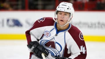 Oct 30, 2015; Raleigh, NC, USA; Colorado Avalanche forward Alex Tanguay (40) skates against the Carolina Hurricanes at PNC Arena. The Carolina Hurricanes defeated the Colorado Avalanche 3-2. Mandatory Credit: James Guillory-USA TODAY Sports