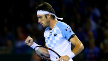 GLASGOW, SCOTLAND - SEPTEMBER 18: Leonardo Mayer of Argentina celebrates a point during his singles match against Dan Evans of Great Britain during day three of the Davis Cup semi final between Great Britain and Argentina at Emirates Arena on September 18, 2016 in Glasgow, Scotland. (Photo by Clive Brunskill/Getty Images)