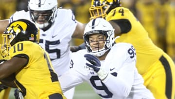 IOWA CITY, IOWA- OCTOBER 12: Defensive end Yetur Gross-Matos #99 of the Penn State Nittany Lions makes a tackle in the first halfon running back Mekhi Sargent #10 of the Iowa Hawkeyes, on October 12, 2019 at Kinnick Stadium in Iowa City, Iowa. (Photo by Matthew Holst/Getty Images)
