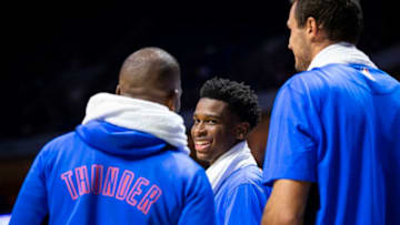 Shai Gilgeous-Alexander #2 of the OKC Thunder smiles during a game against the Dallas Mavericks (Photo by Zach Beeker/NBAE via Getty Images)