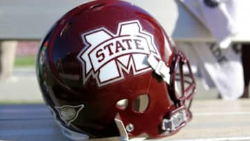 Nov 17, 2012; Starkville, MS, USA; Mississippi State Bulldogs helmet during the game between the Mississippi State Bulldogs and the Arkansas Razorbacks at Davis Wade Stadium. Mississippi State Bulldogs defeated the Arkansas Razorbacks 45-14. Mandatory Credit: Spruce DerdenUSA TODAY Sports