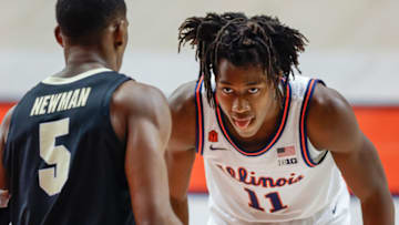 CHAMPAIGN, IL - JANUARY 02: Ayo Dosunmu #11 of the Illinois Fighting Illini stares down Brandon Newman #5 of the Purdue Boilermakers at State Farm Center on January 2, 2021 in Champaign, Illinois. (Photo by Michael Hickey/Getty Images)